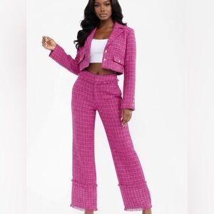 Chic Pink Tweed Pantsuit
